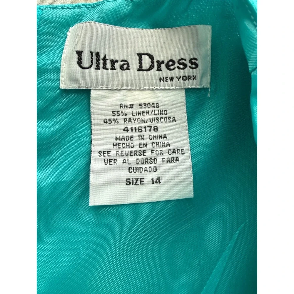 Ultra Dress New York Turquoise Linen Blend Tropical Fish Embroidered Top Size 14